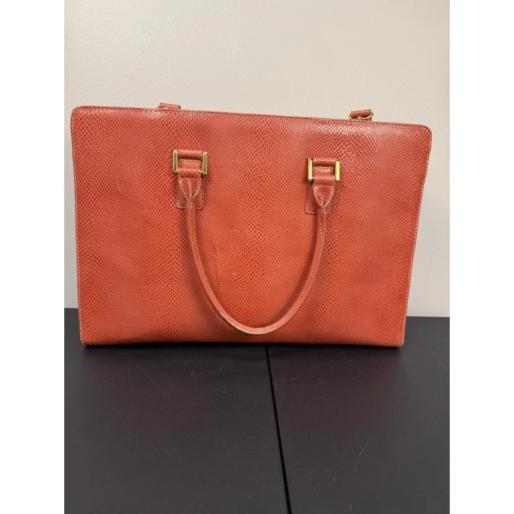 Franklin Covey Briefcase Crossbody Bag Lizard Embossed Pink Coral Leather Laptop